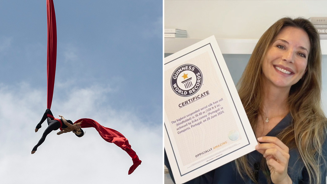 Split image of Erika on her silk and with her certificate