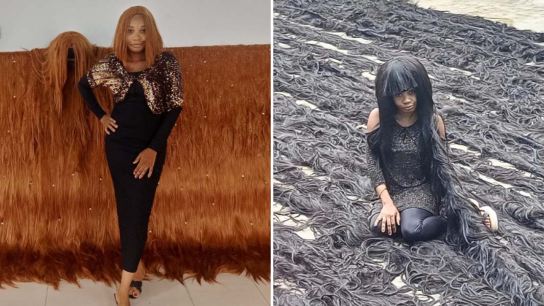Split image of Helen Williams with her widest and longest wigs