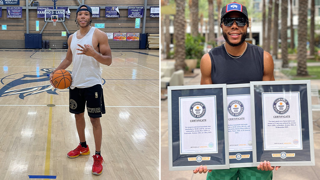 Split image of Jeremy Ware standing on the court and holding his certificates