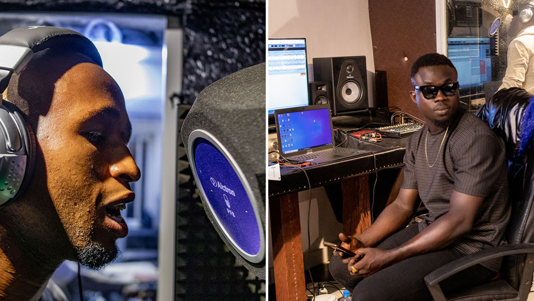 Split image of singer at mic and Idem at his desk
