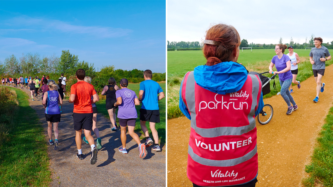 Split image of people running through a park and a volunteer watching on in a hi-vis jacket