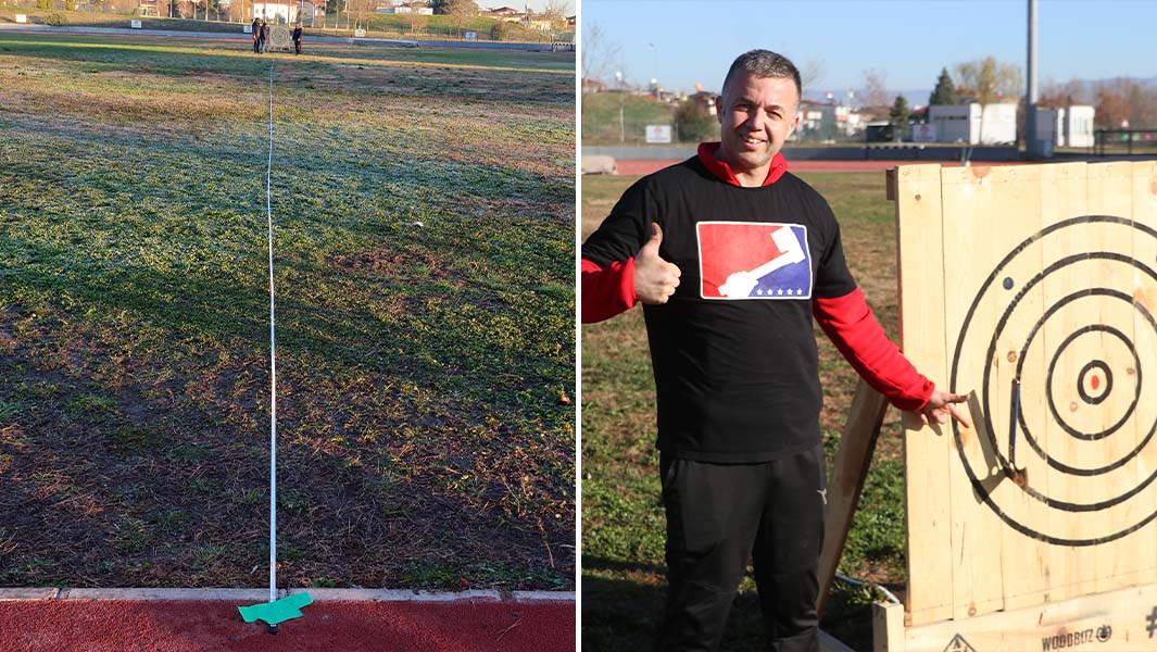 Split image of distance Osman threw his axe and him standing with it in the target