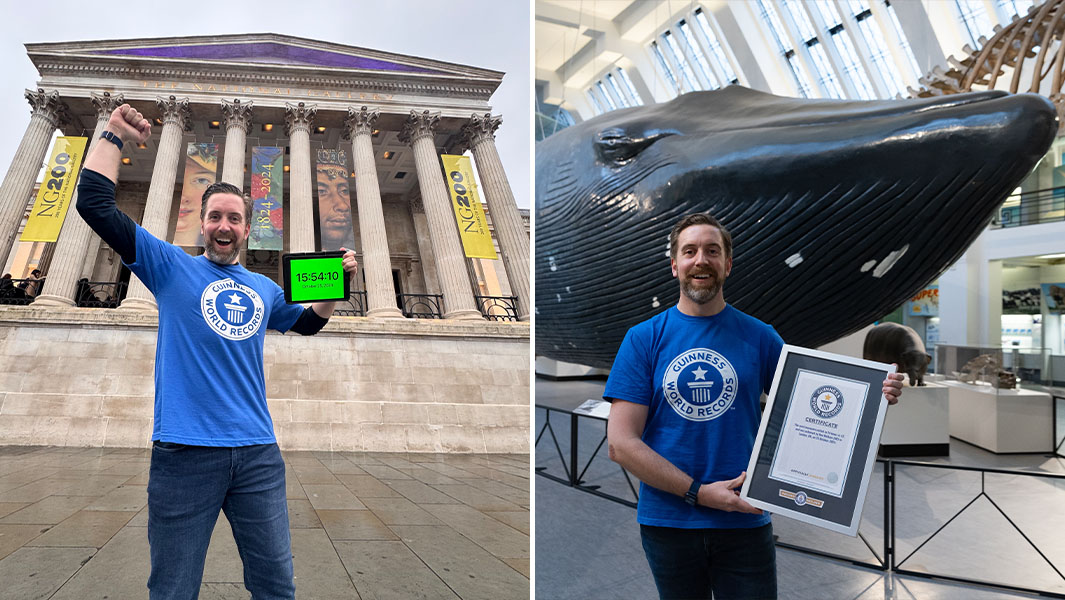 Split image of Ben outside the National Gallery and inside the Natural History Museum