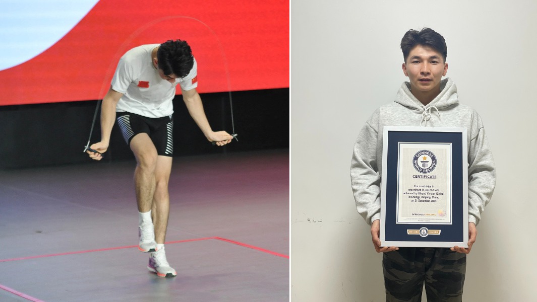 split image of Alapati skiping and holding GWR certificate
