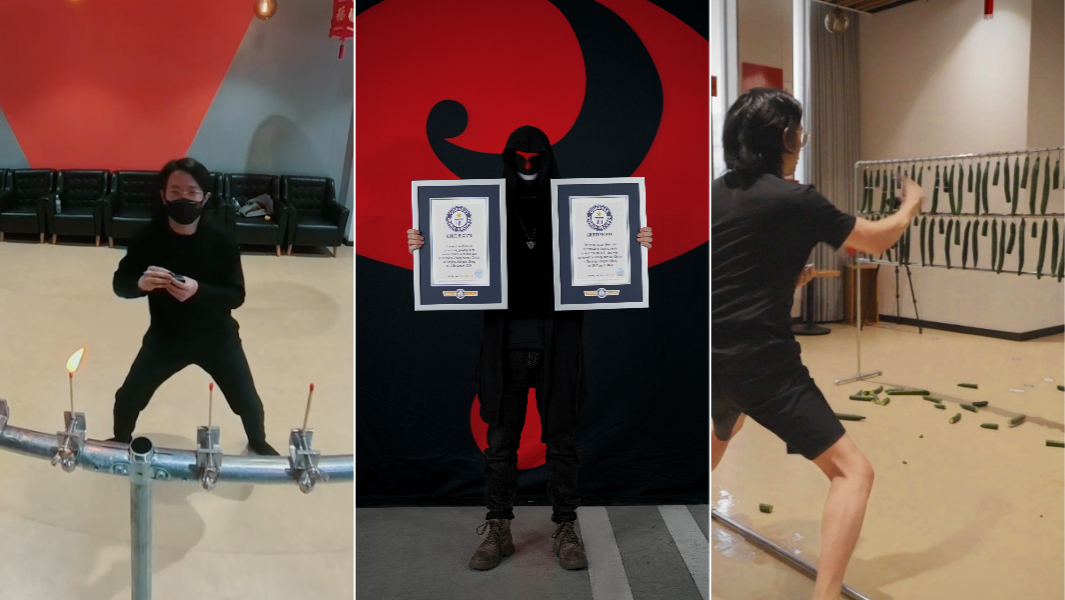 split image of zhang yazhou throwing playing cards to matches and to cucumbers and holding GWR-certificates