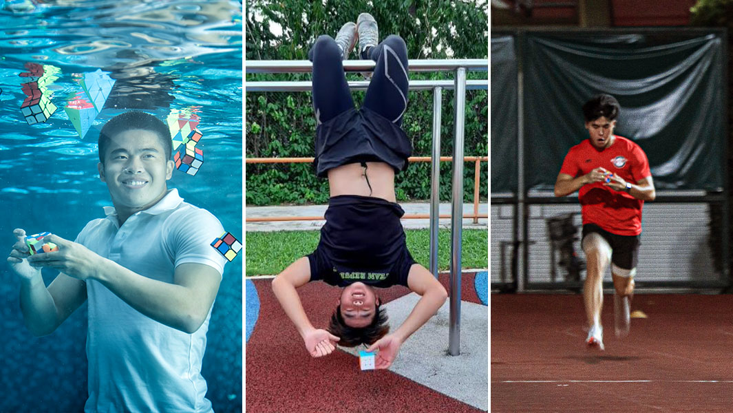 Split image of Daryl Tan solving a puzzle cube underwater, upside down and while running
