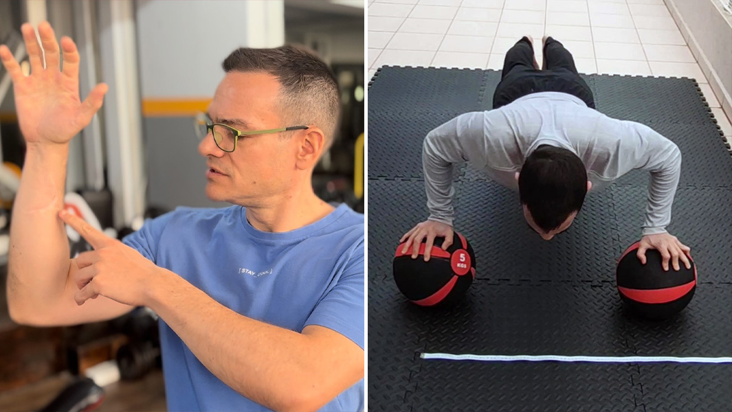 Split image of George showing his scar and doing push ups