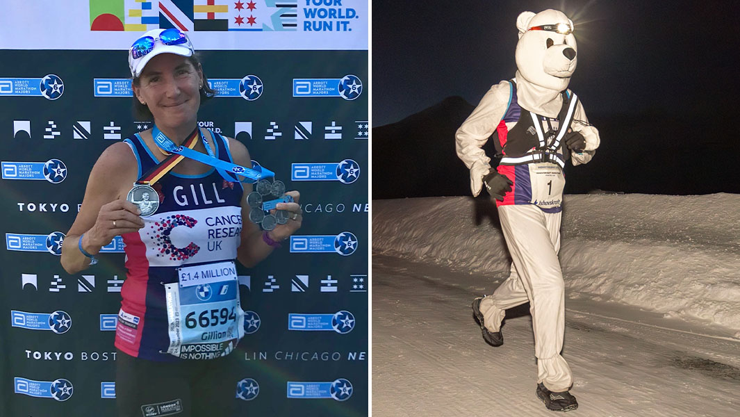 Split image of Gill Punt posing with medals and running dressed as a polar bear
