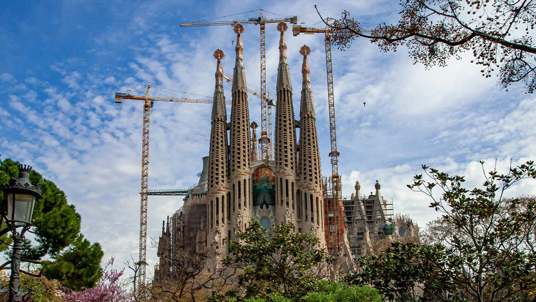 Worlds oldest active construction site, La Sagrada Família, pictured with construction cranes from afar