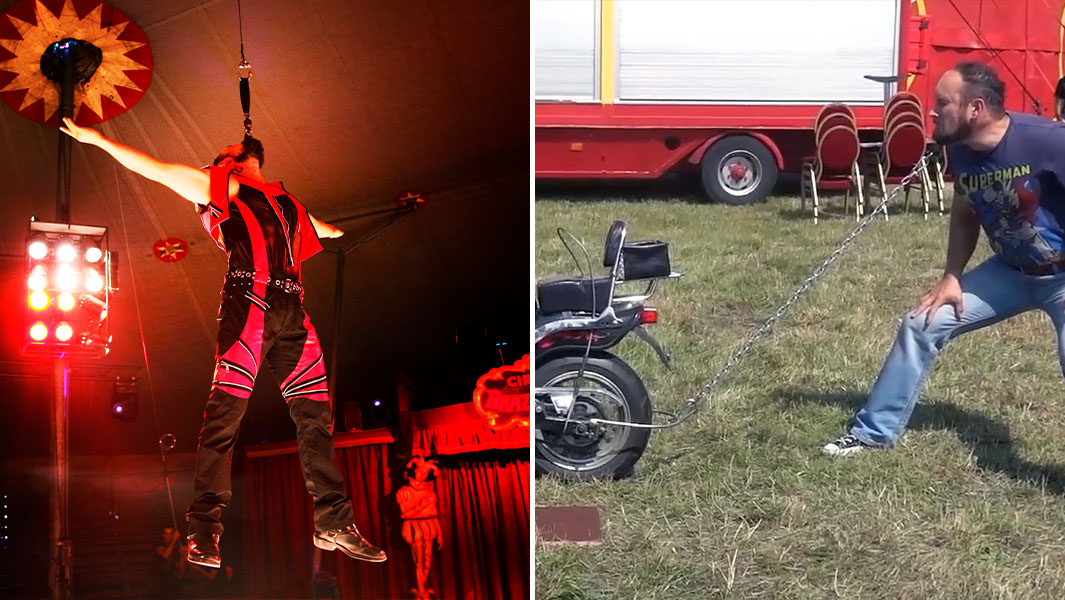 Split image of Leonardo suspended by his teeth and restraining a motorcycle with his beard