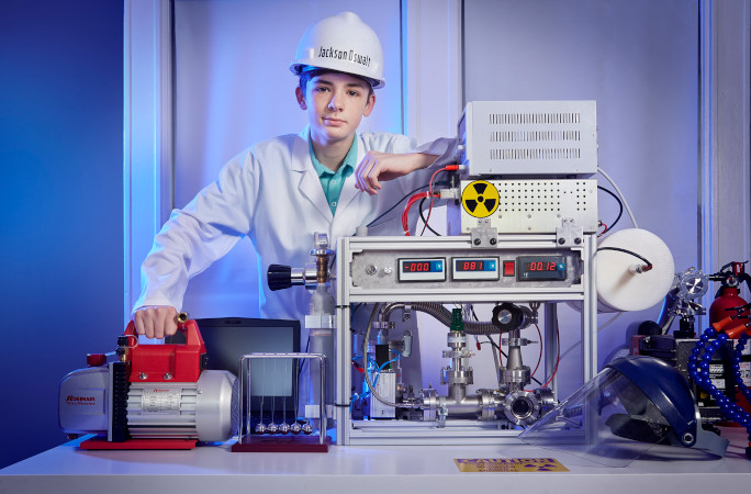 Jackson Oswalt with his nuclear fusion reactor