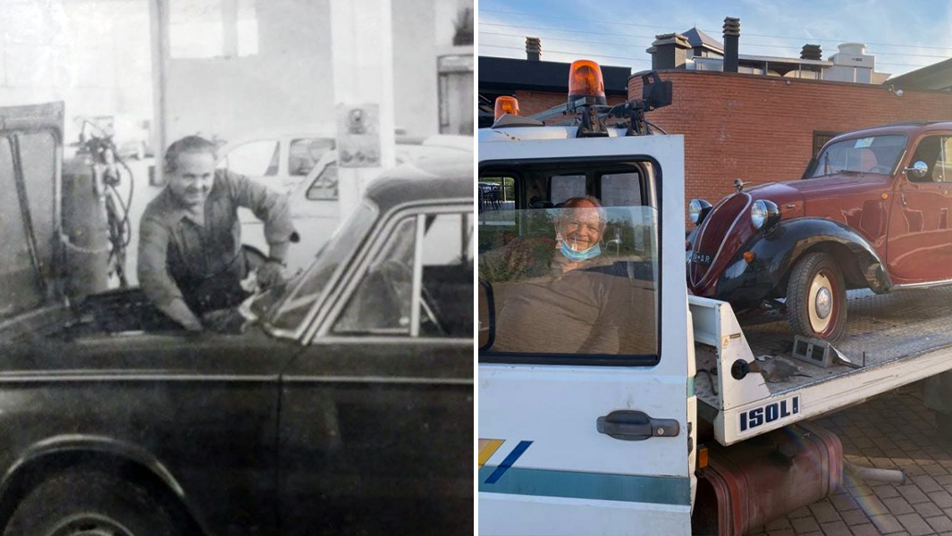 Split image of Fabio Sabbioni at around 40 and 94 years old