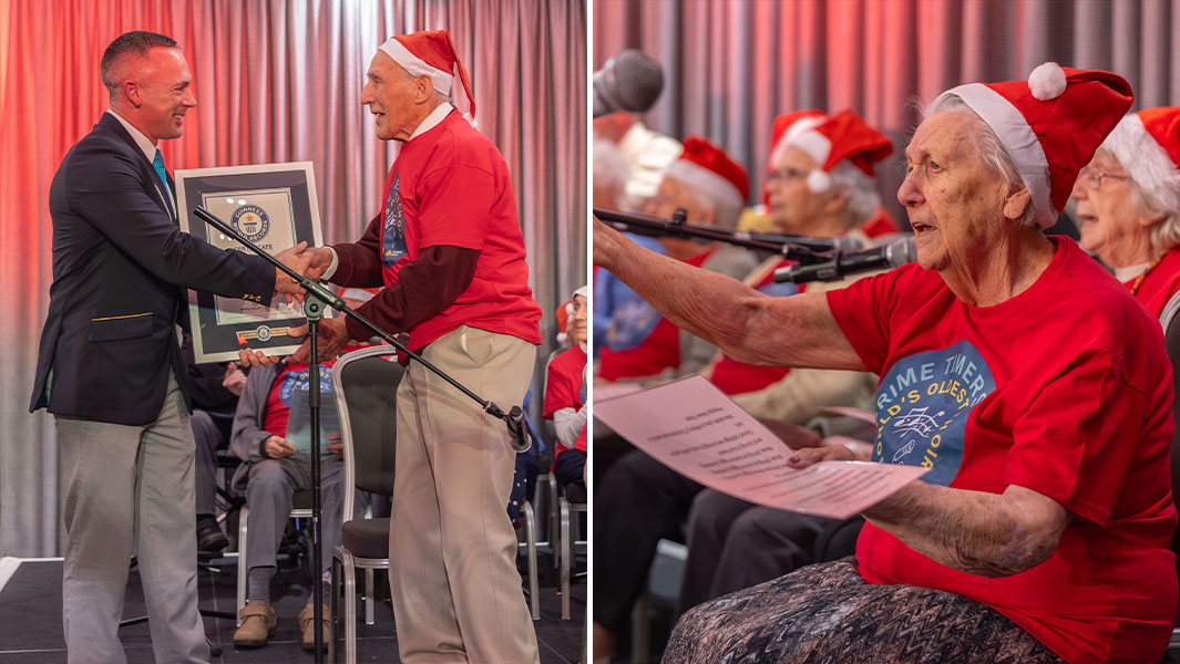 Split header of the oldest choir accepting their record and singing