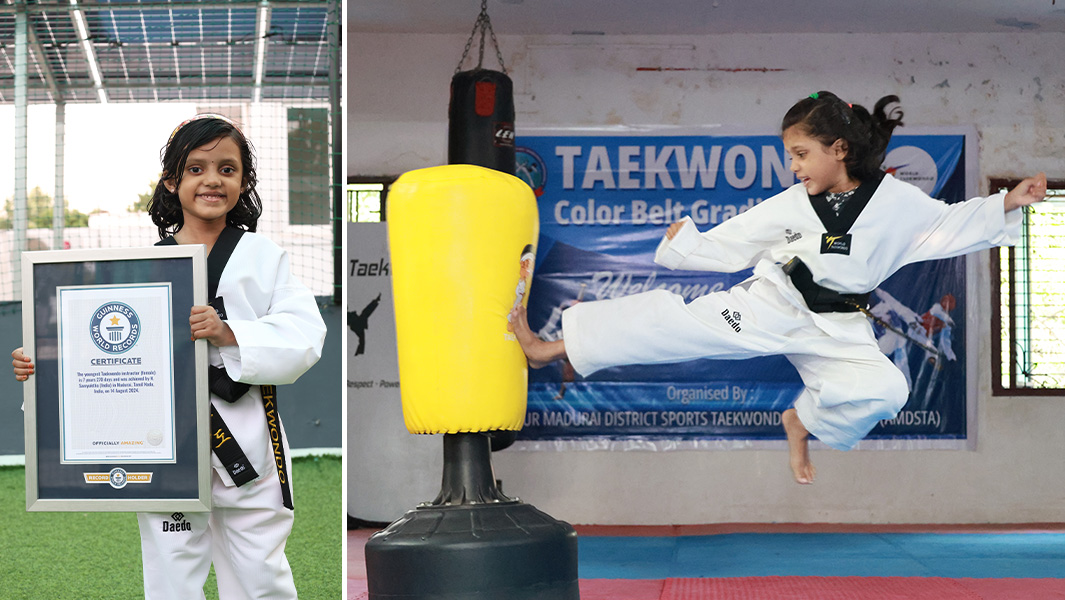 Samyuktha Narayanan holding her framed GWR certificate and Samyuktha kicking a yellow punch bag