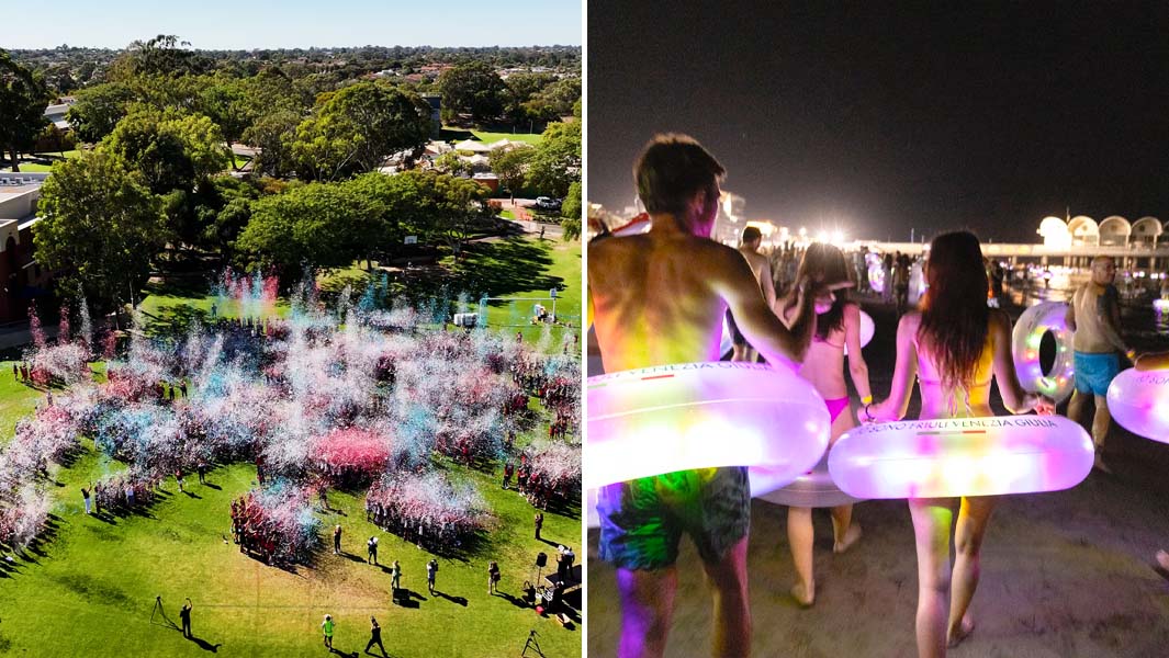 Split header with confetti cannons and LED donuts