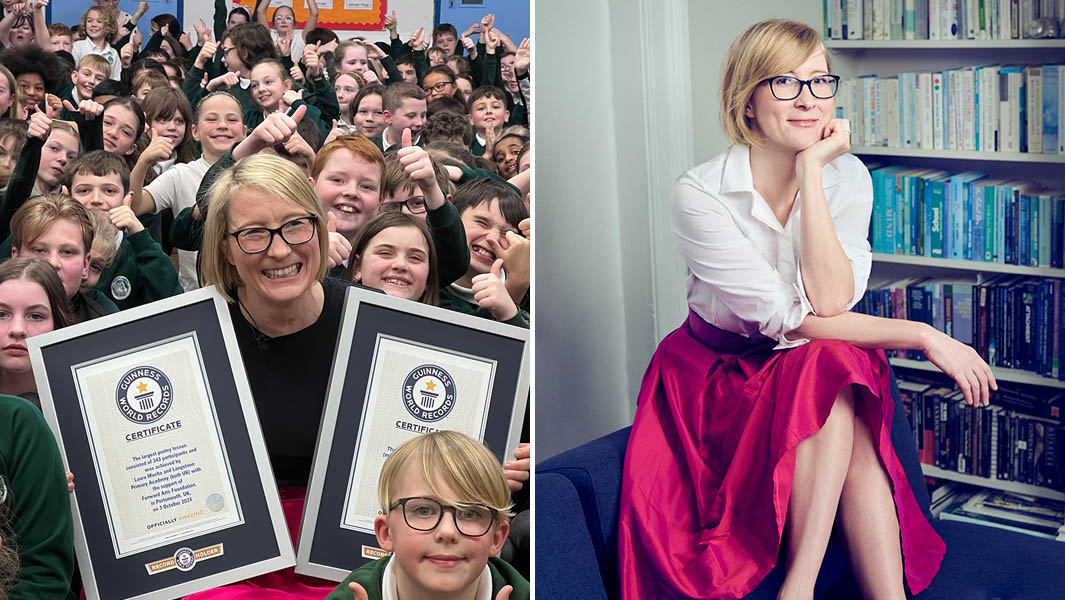 Laura smiling and with kids split header