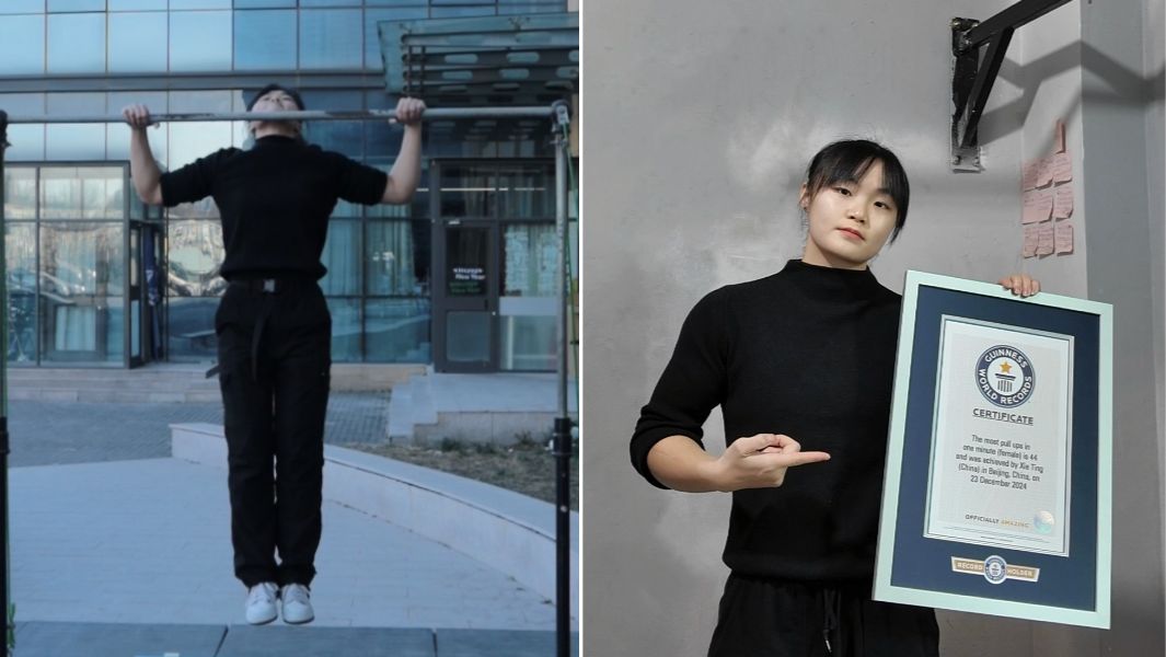 split image of xieting doing pull ups and holding gwr certificate