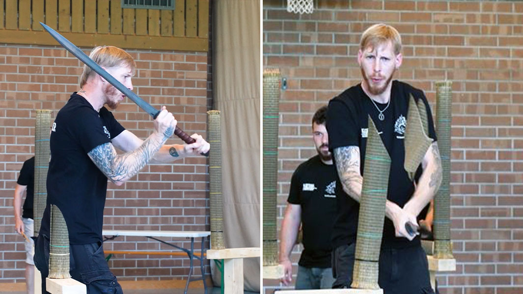 Split image of Alex cutting rice straw with a sword