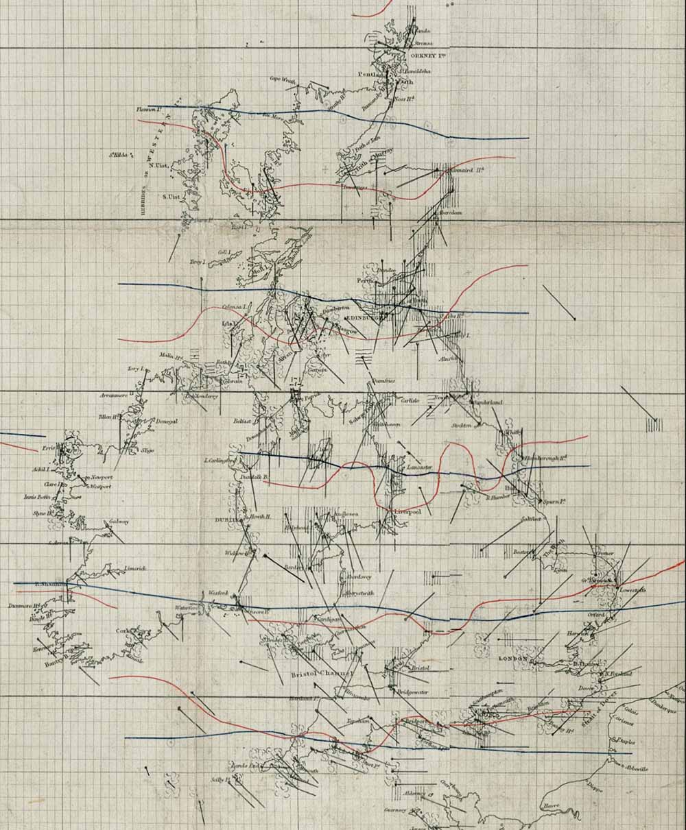 A weather map, showing measurements of the strength and intensity of the wind
