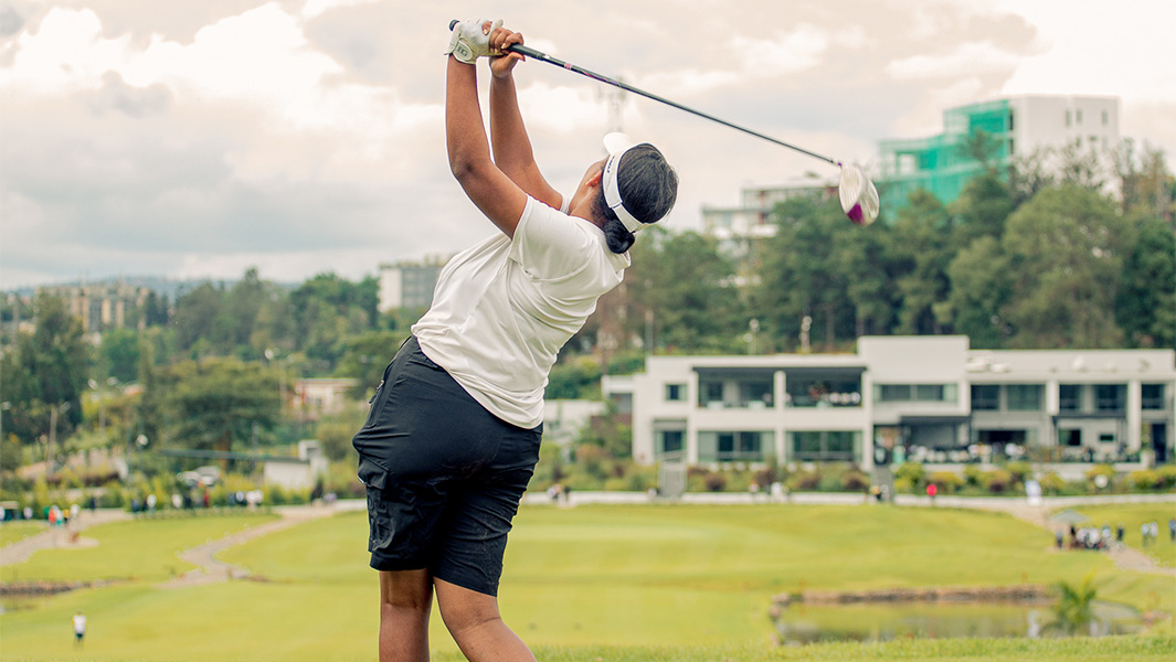 split image of Ishimwe playing golf and carrying her equipment