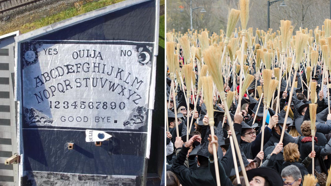 split image of largest ouija board and largest gathering of witches