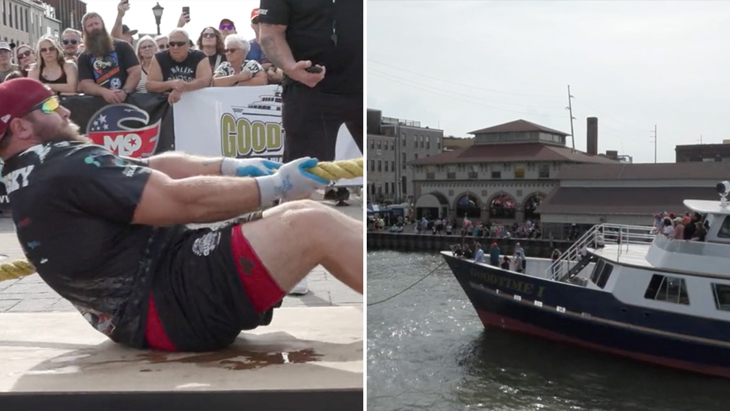 Split header image of the boat and Wes pulling the rope