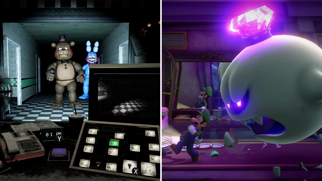 split image of Five Nights at Freddy's and Luigi's Mansion