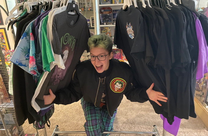 Megan peeking thru Joker tshirts