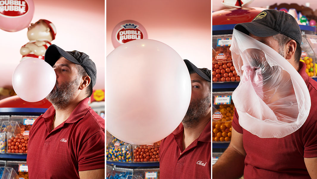split image of Chad blowing the bubble and it bursting