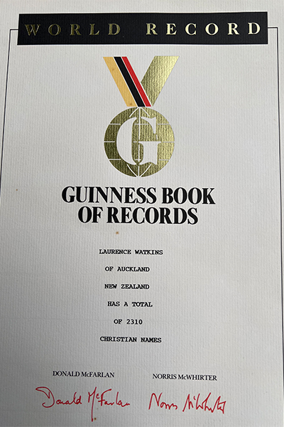 Laurence's original Guinness World Records certificate