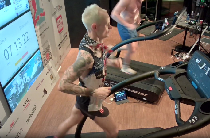 7 hours into his treadmill run