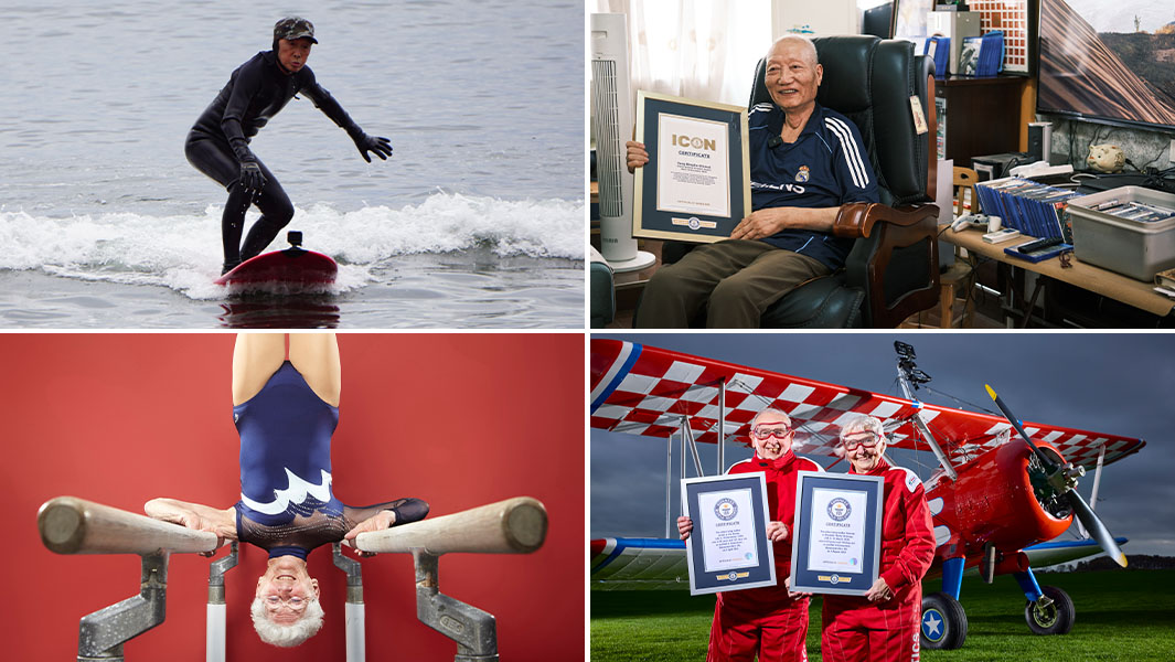 split image of old people doing cool stuff