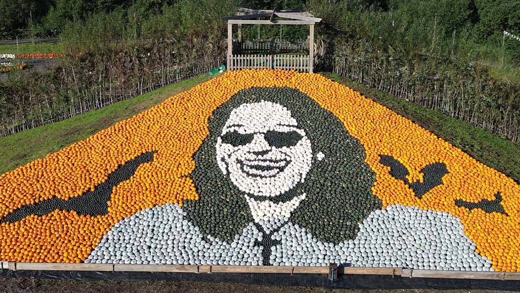 A pumpkin mosaic depicting the image of Ozzy Osbourne