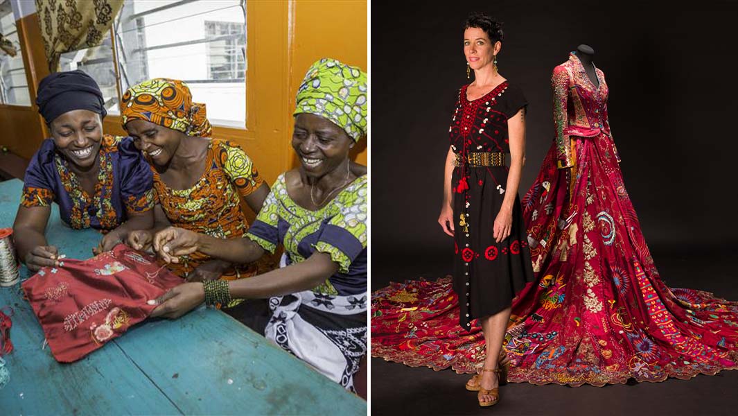 Split image of Kirstie and the dress and Congolese embroiderers stitching the fabric