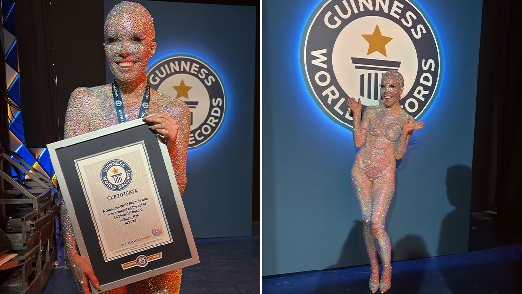 split image of Holly covered in rhinestones