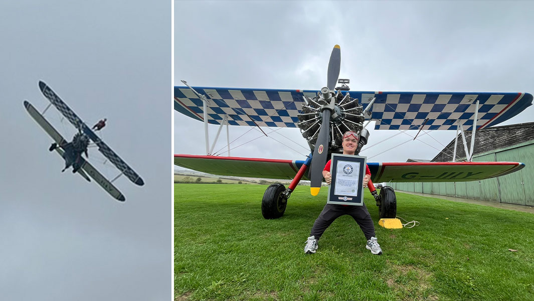 split image of the shortest wing walker flying and in front of the plane