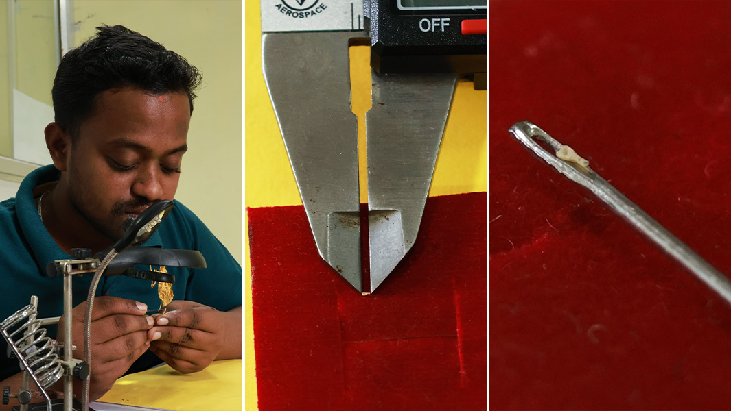 split image of artist working on the smallest wooden spoon and it up close