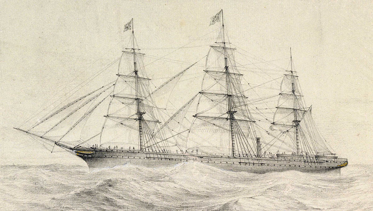 A sketch of the steam clipper Royal Charter under sail.