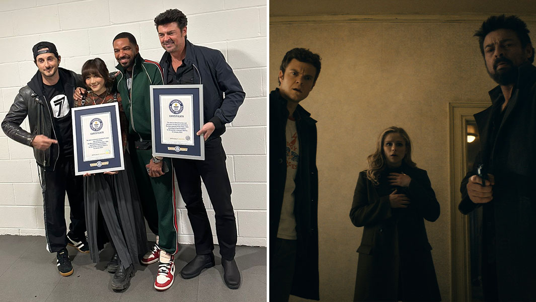 split header of The Boys stars with certificates and a still from the show