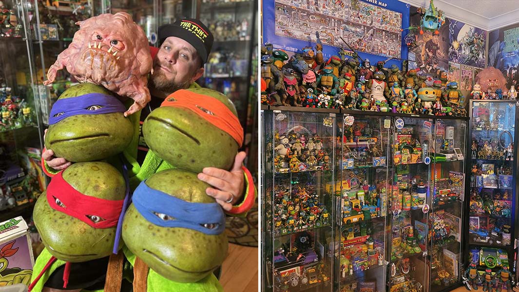 Split image of Dave holding TMNT heads and his full collection
