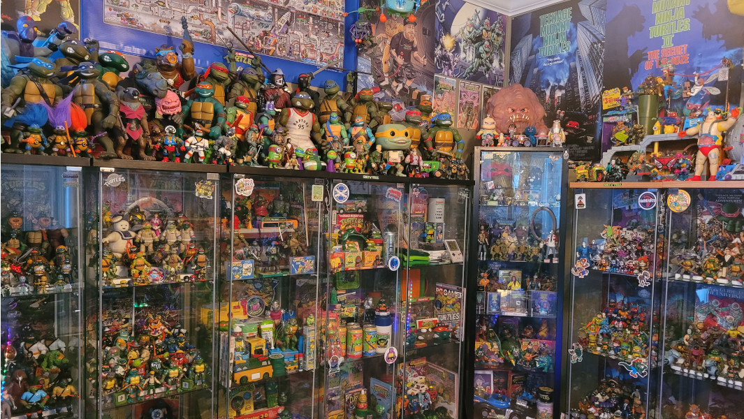 Split image of Dave holding TMNT heads and his full collection