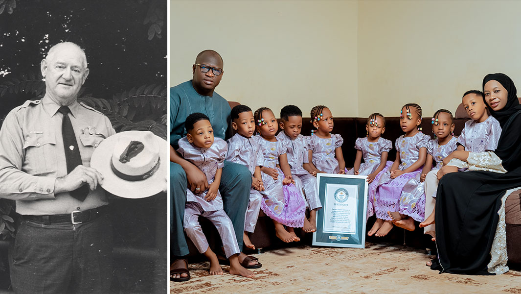 split image of Roy Sullivan in ranger uniform and the Mali nonuplets with their parents