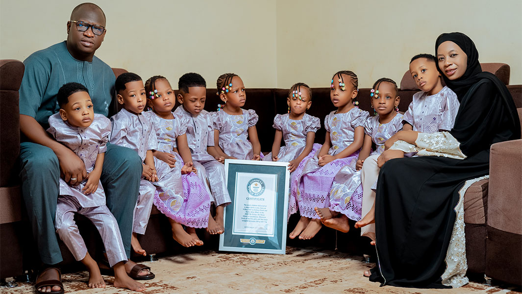 split image of Roy Sullivan in ranger uniform and the Mali nonuplets with their parents