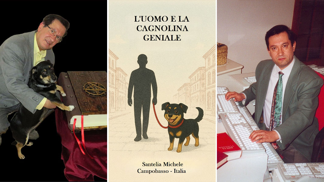 split image of Michele with his dog, his book cover and him sitting at his computer