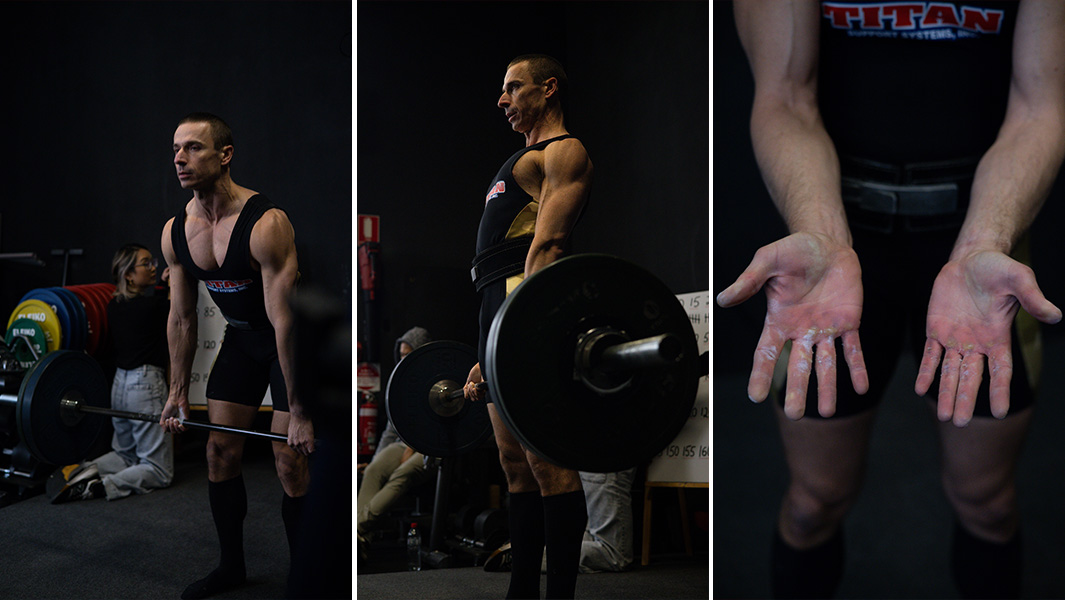 split image of Maciej lifting weights and his torn hands