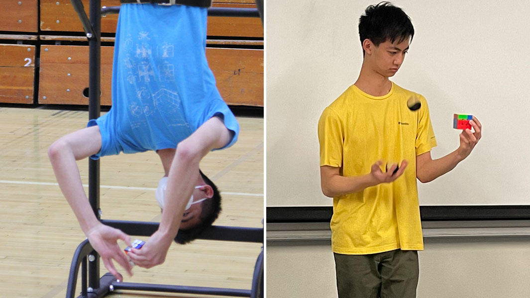 Split image of Ethan cubing upside down and while juggling