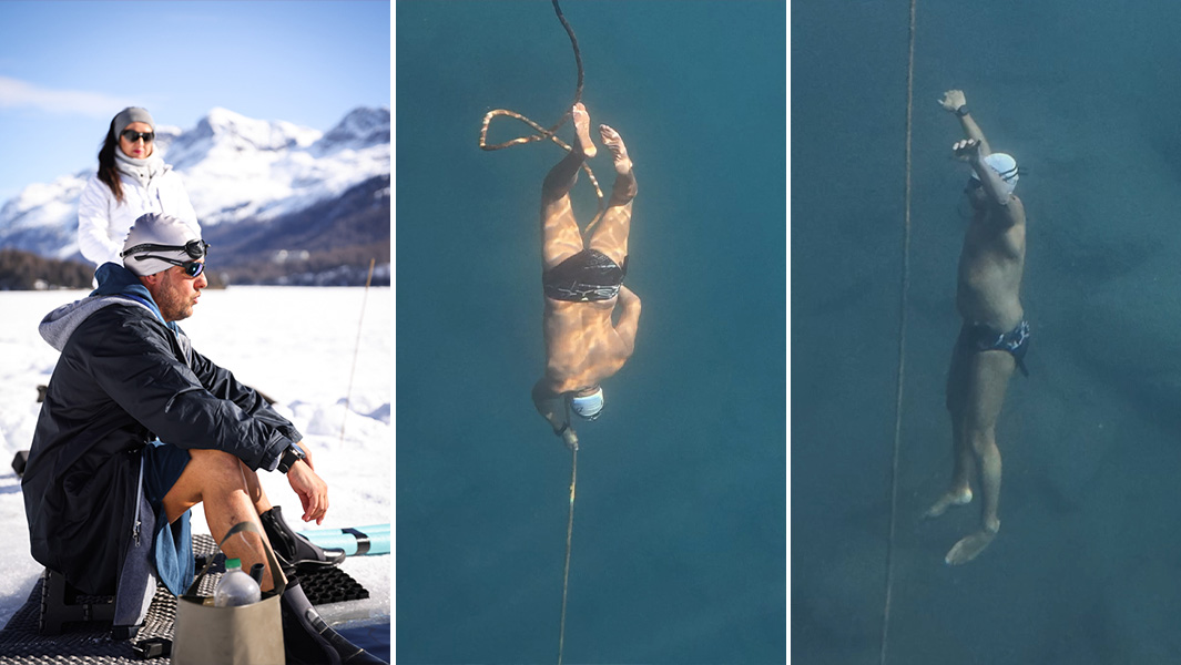 split image of diver sitting on the edge and under the water