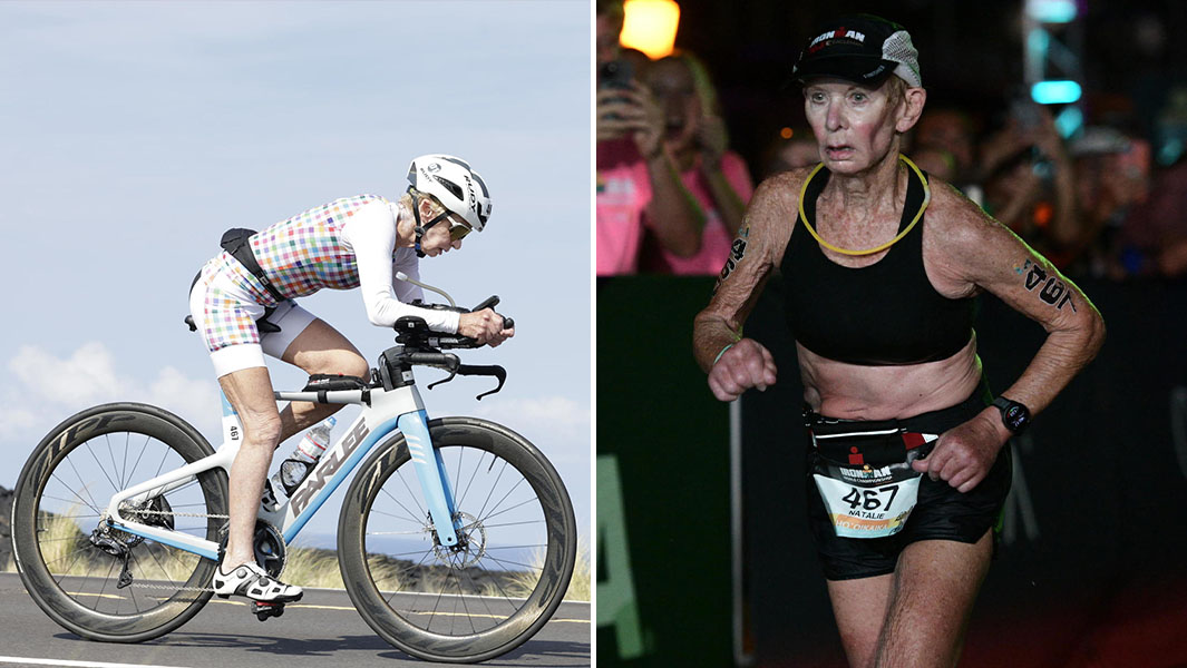 Split image of Natalie biking and running