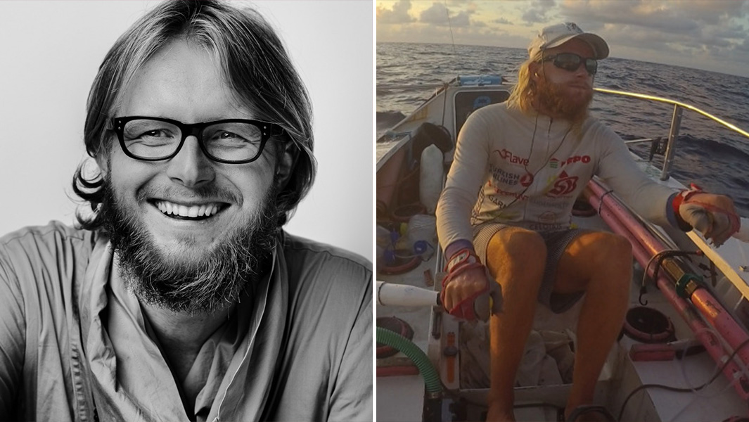 split image of Karlis Bardelis smiling and rowing in his boat