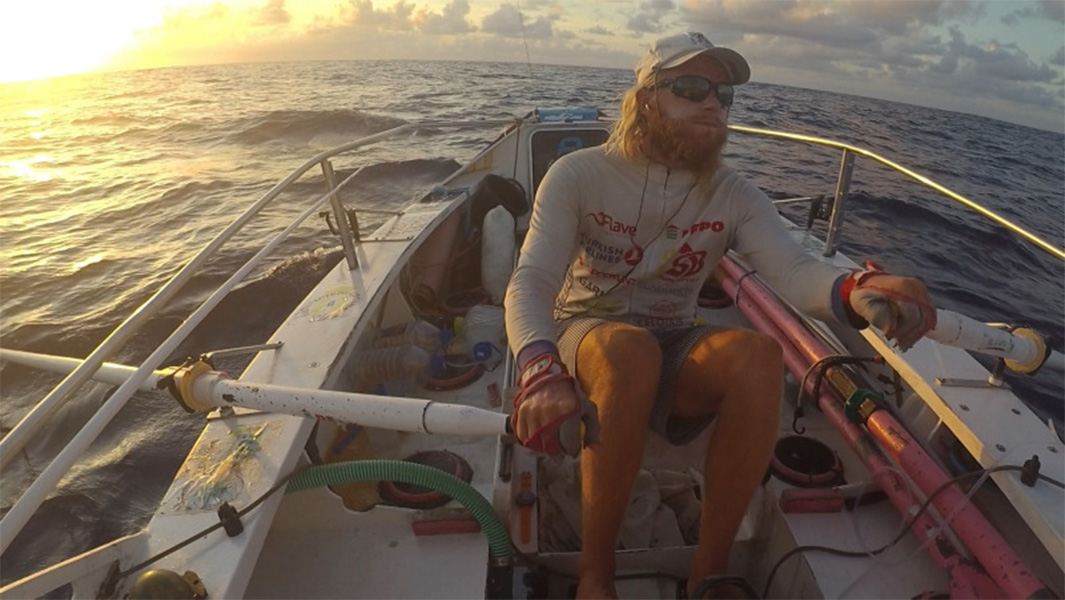 split image of Karlis Bardelis smiling and rowing in his boat